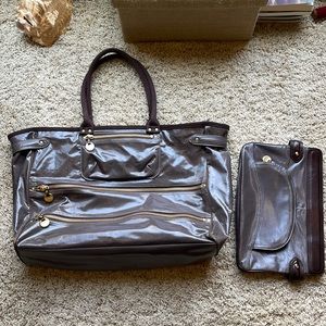 Martin + OSA tote and clutch. Taupe with gold accents. Easy to clean exterior.